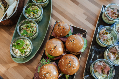 Top-down view of a buffet catering setup